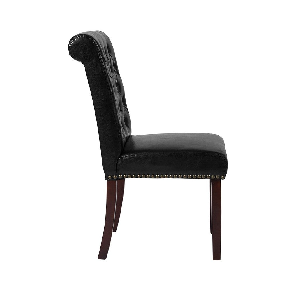 Black LeatherSoft Parsons Chair with Rolled Back, Accent Nail Trim and Walnut Finish