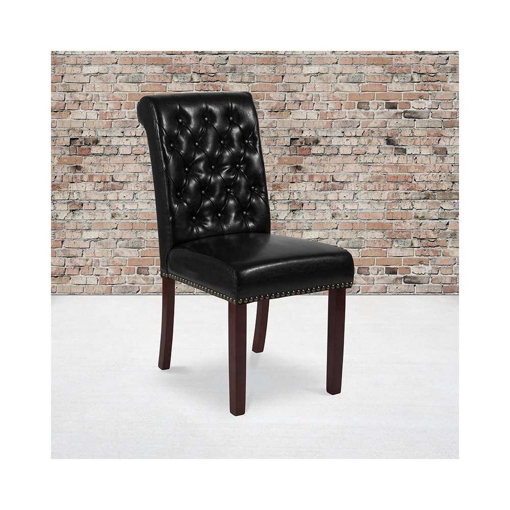 Black LeatherSoft Parsons Chair with Rolled Back, Accent Nail Trim and Walnut Finish