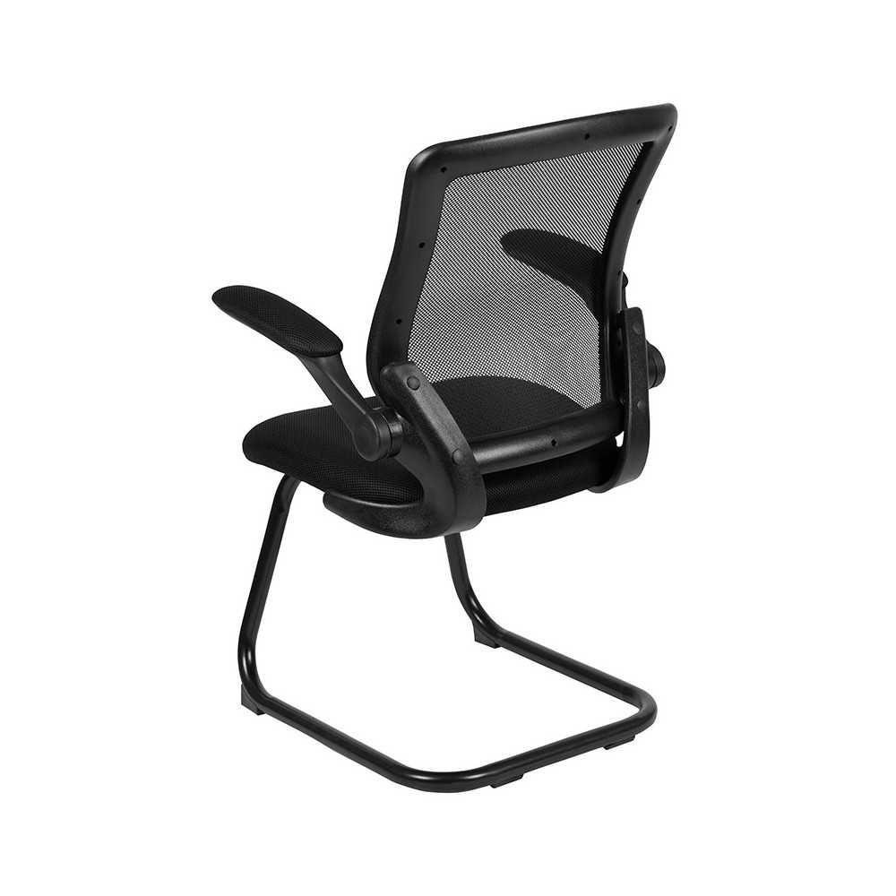 Black Mesh Sled Base Side Reception Chair with Flip-Up Arms