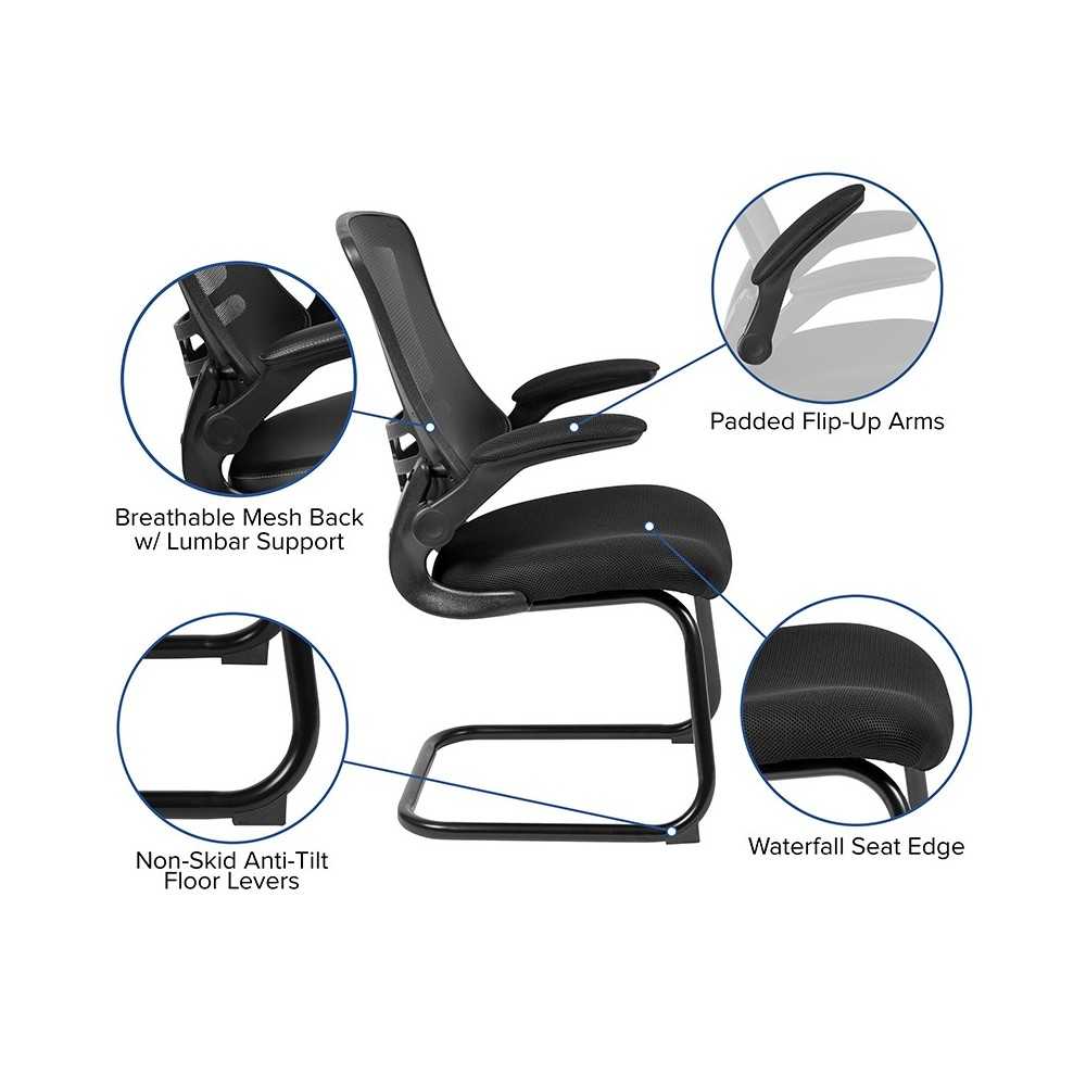 Black Mesh Sled Base Side Reception Chair with Flip-Up Arms