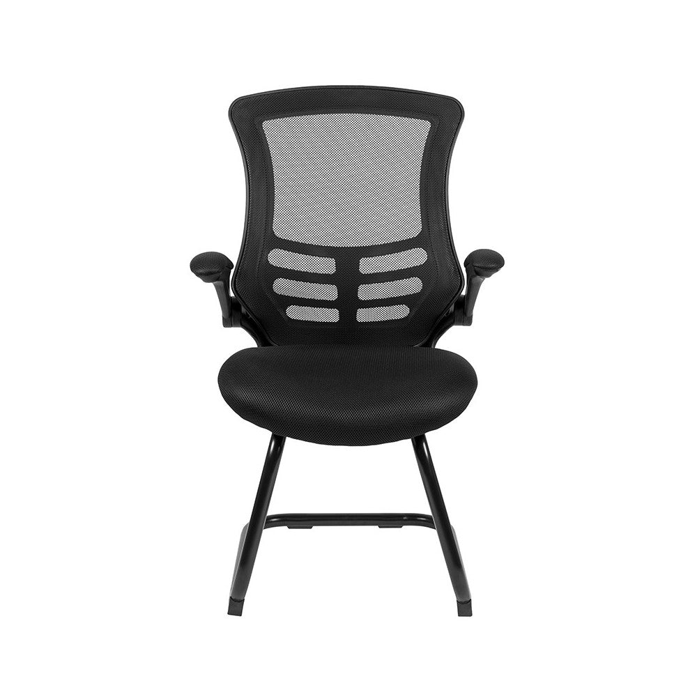 Black Mesh Sled Base Side Reception Chair with Flip-Up Arms