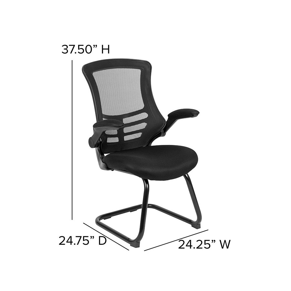 Black Mesh Sled Base Side Reception Chair with Flip-Up Arms