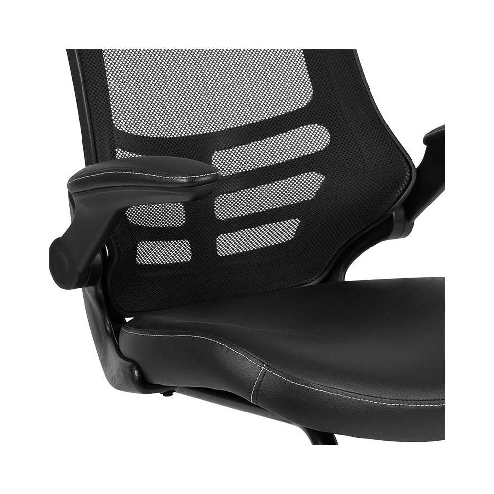 Black Mesh Sled Base Side Reception Chair with White Stitched LeatherSoft Seat and Flip-Up Arms