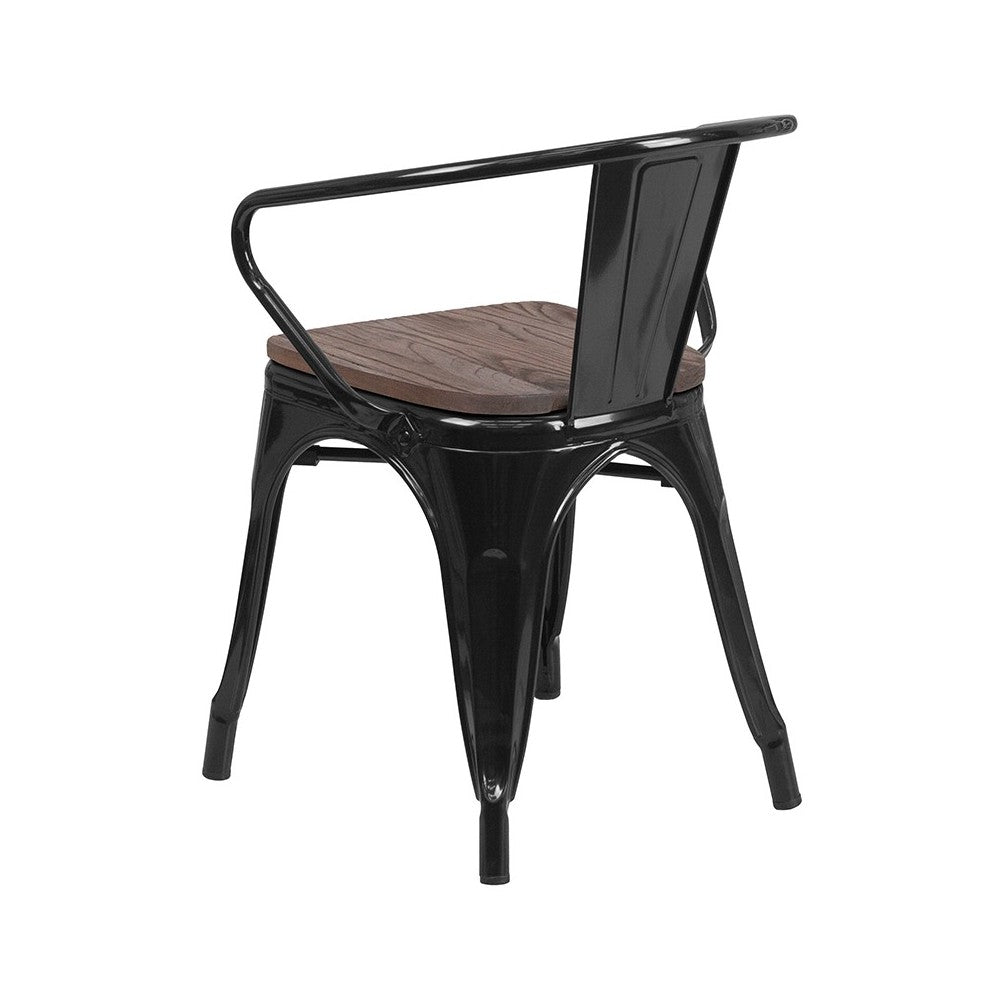 Black Metal Chair with Wood Seat and Arms