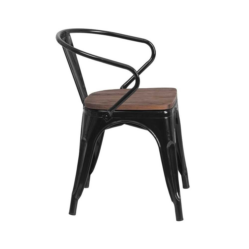 Black Metal Chair with Wood Seat and Arms