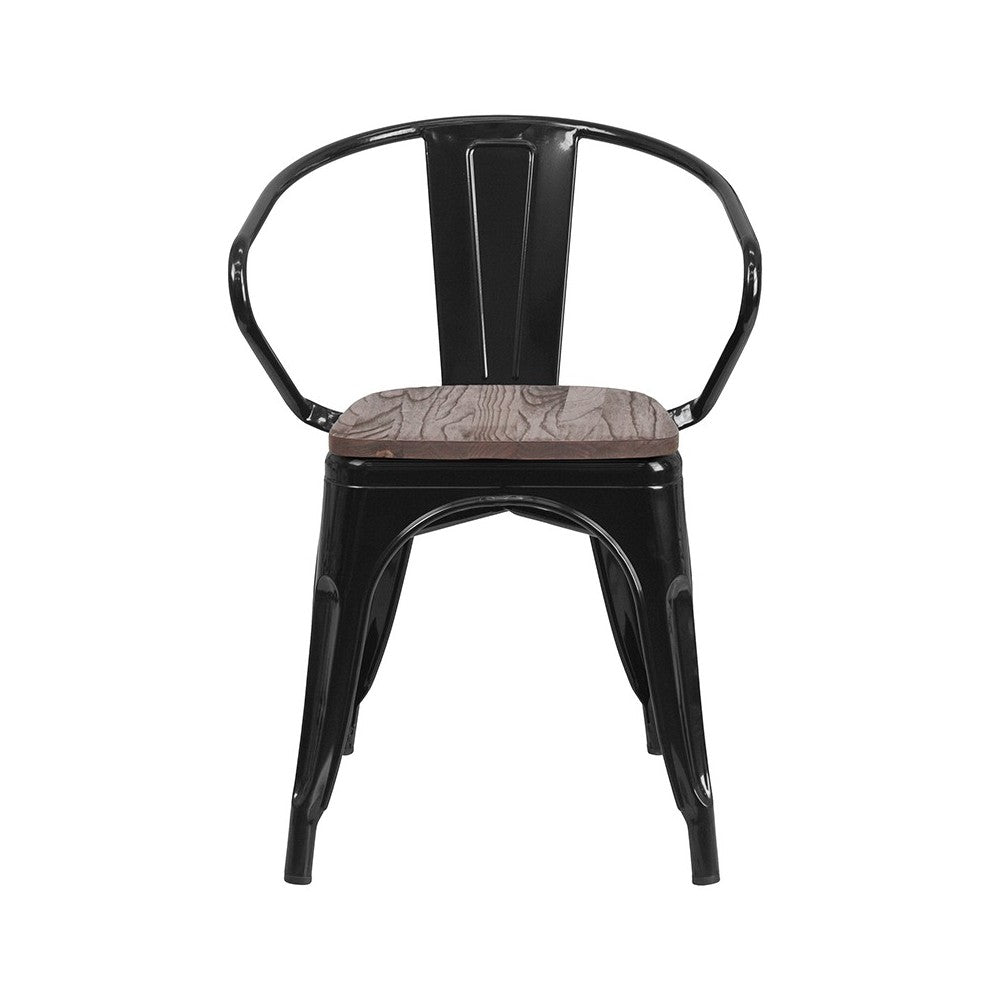 Black Metal Chair with Wood Seat and Arms