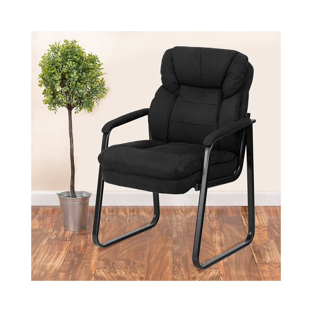 Black Microfiber Executive Side Reception Chair with Lumbar Support and Sled Base