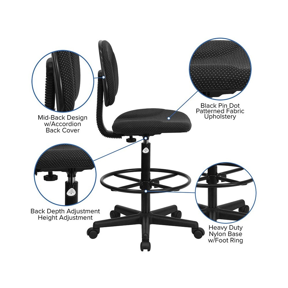 Black Patterned Fabric Drafting Chair (Cylinders: 22.5''-27''H or 26''-30.5''H)