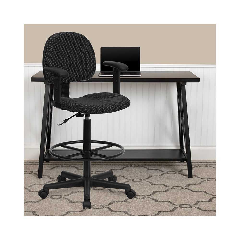 Black Patterned Fabric Drafting Chair with Adjustable Arms (Cylinders: 22.5''-27''H or 26''-30.5''H)