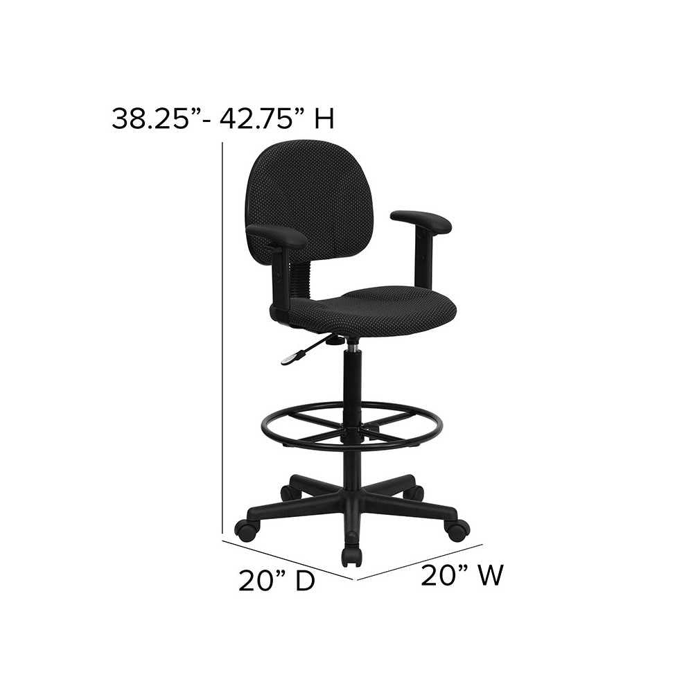 Black Patterned Fabric Drafting Chair with Adjustable Arms (Cylinders: 22.5''-27''H or 26''-30.5''H)