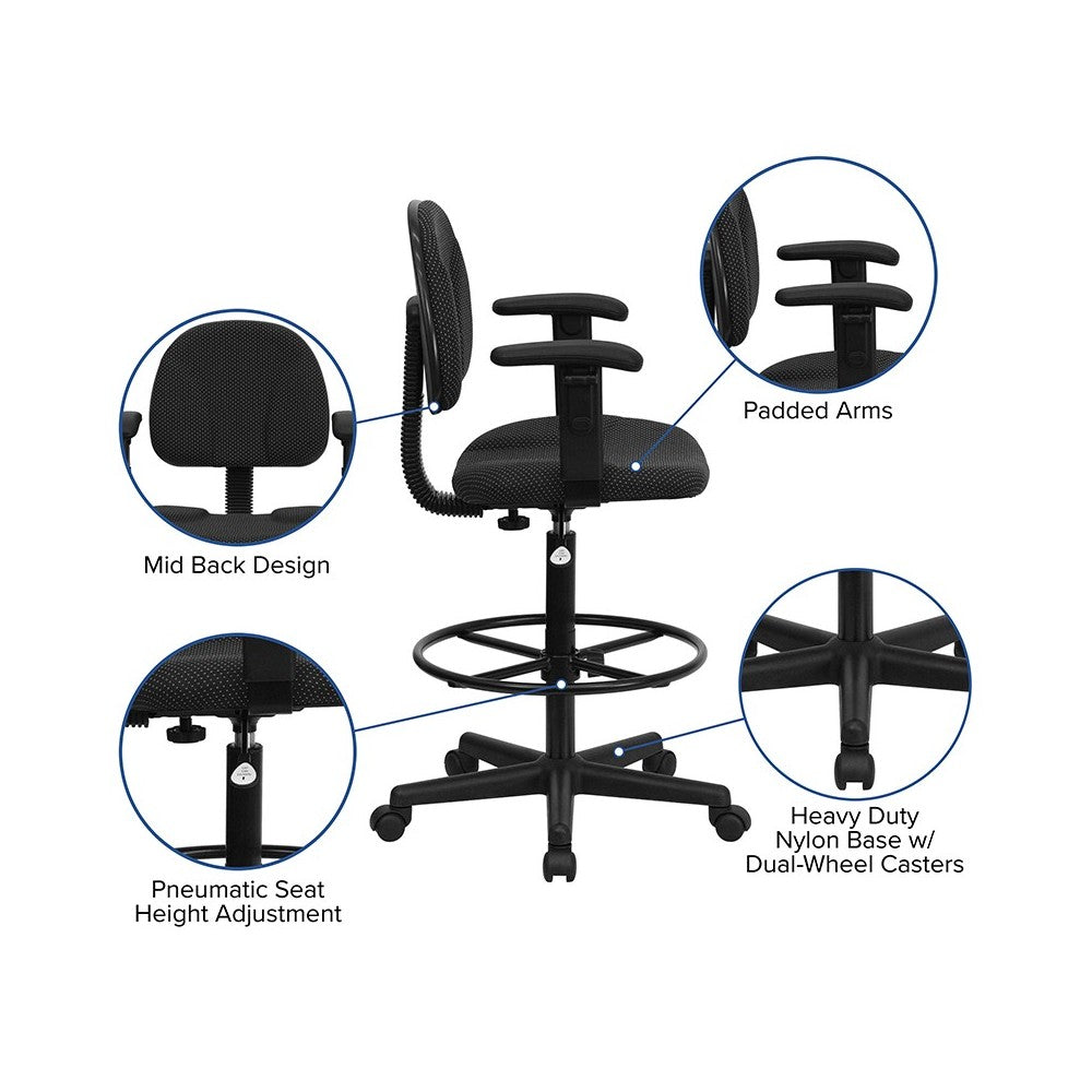 Black Patterned Fabric Drafting Chair with Adjustable Arms (Cylinders: 22.5''-27''H or 26''-30.5''H)
