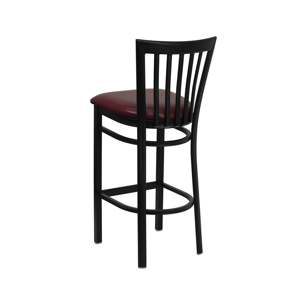 Black School House Back Metal Restaurant Barstool - Burgundy Vinyl Seat