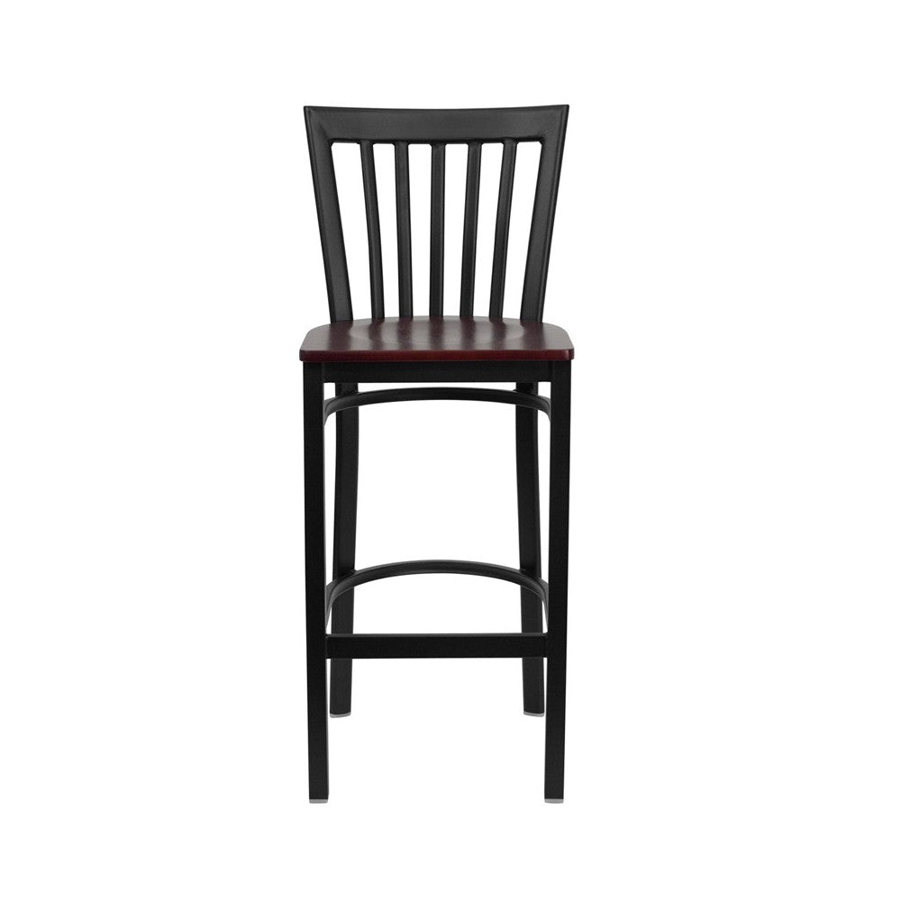 Black School House Back Metal Restaurant Barstool - Mahogany Wood Seat