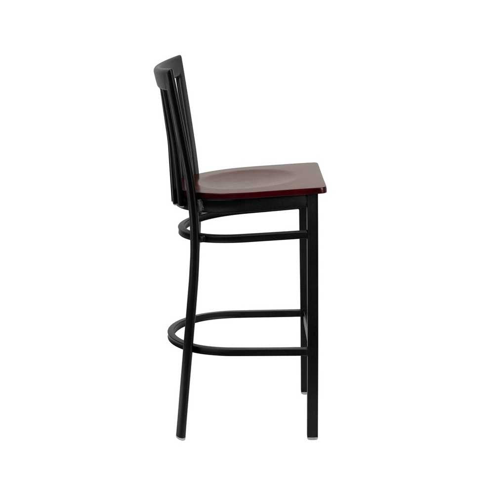 Black School House Back Metal Restaurant Barstool - Mahogany Wood Seat