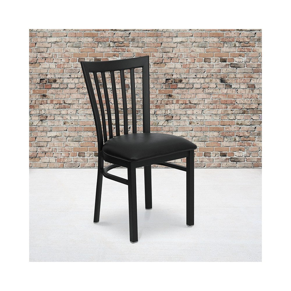 Black School House Back Metal Restaurant Chair - Black Vinyl Seat