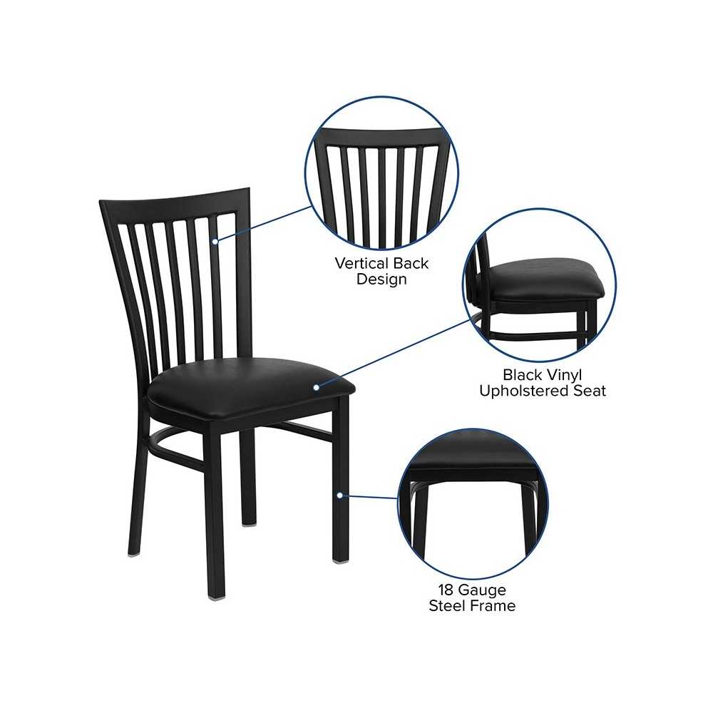 Black School House Back Metal Restaurant Chair - Black Vinyl Seat