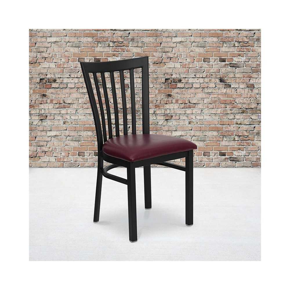 Black School House Back Metal Restaurant Chair - Burgundy Vinyl Seat