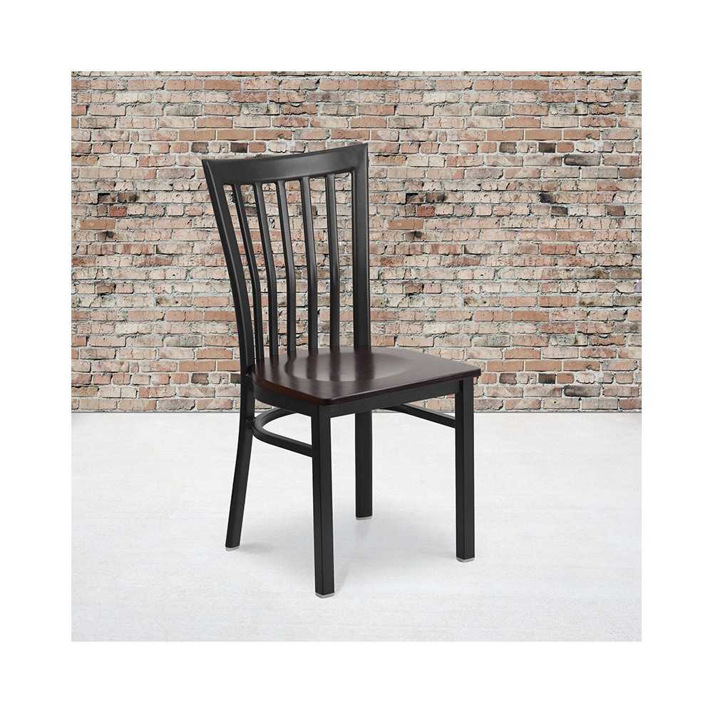 Black School House Back Metal Restaurant Chair - Walnut Wood Seat