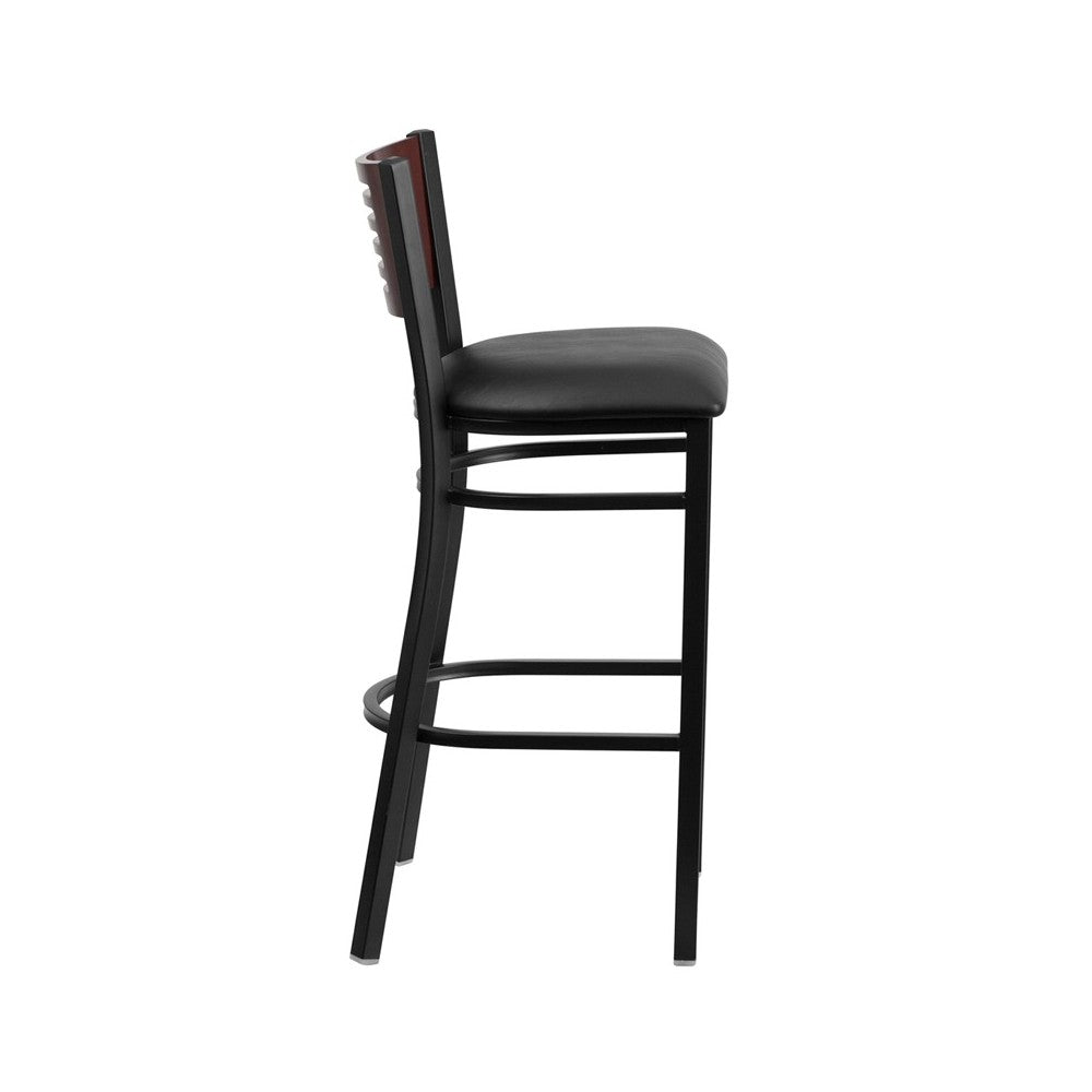 Black Slat Back Metal Restaurant Barstool - Mahogany Wood Back, Black Vinyl Seat
