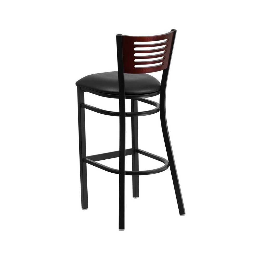 Black Slat Back Metal Restaurant Barstool - Mahogany Wood Back, Black Vinyl Seat