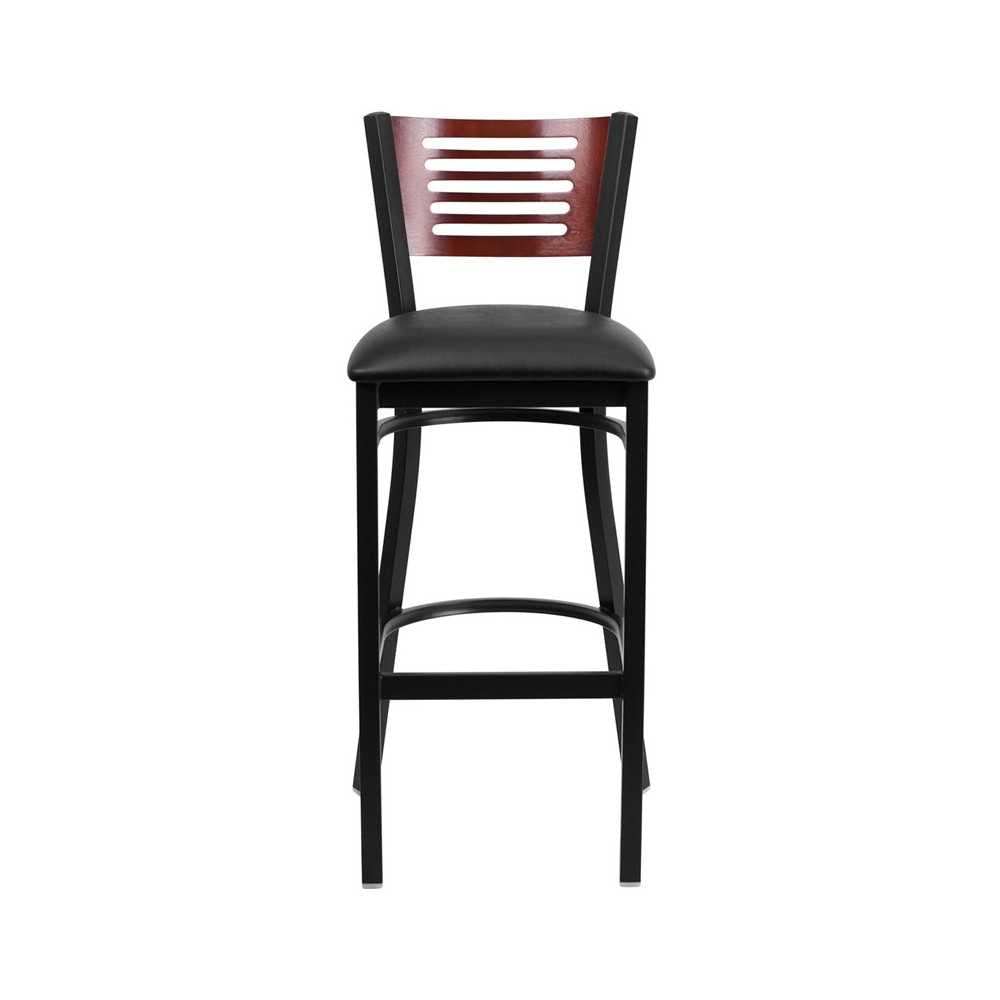 Black Slat Back Metal Restaurant Barstool - Mahogany Wood Back, Black Vinyl Seat