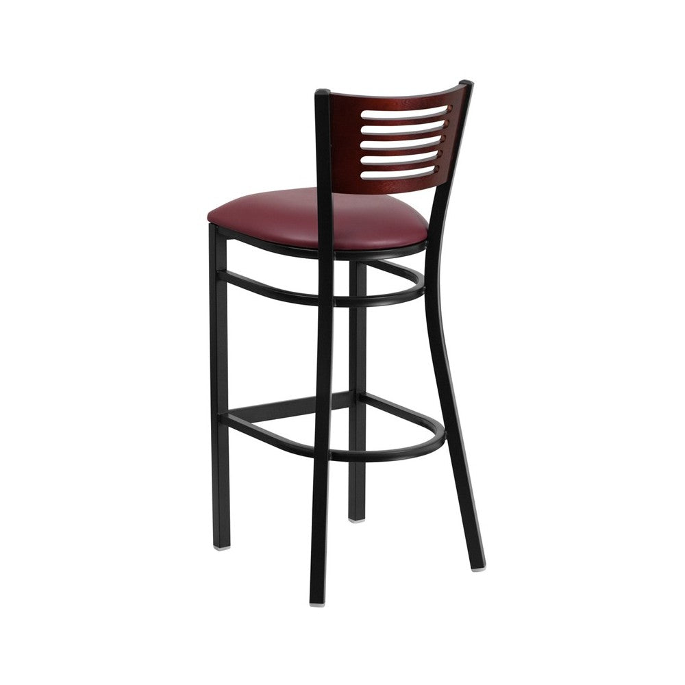 Black Slat Back Metal Restaurant Barstool - Mahogany Wood Back, Burgundy Vinyl Seat
