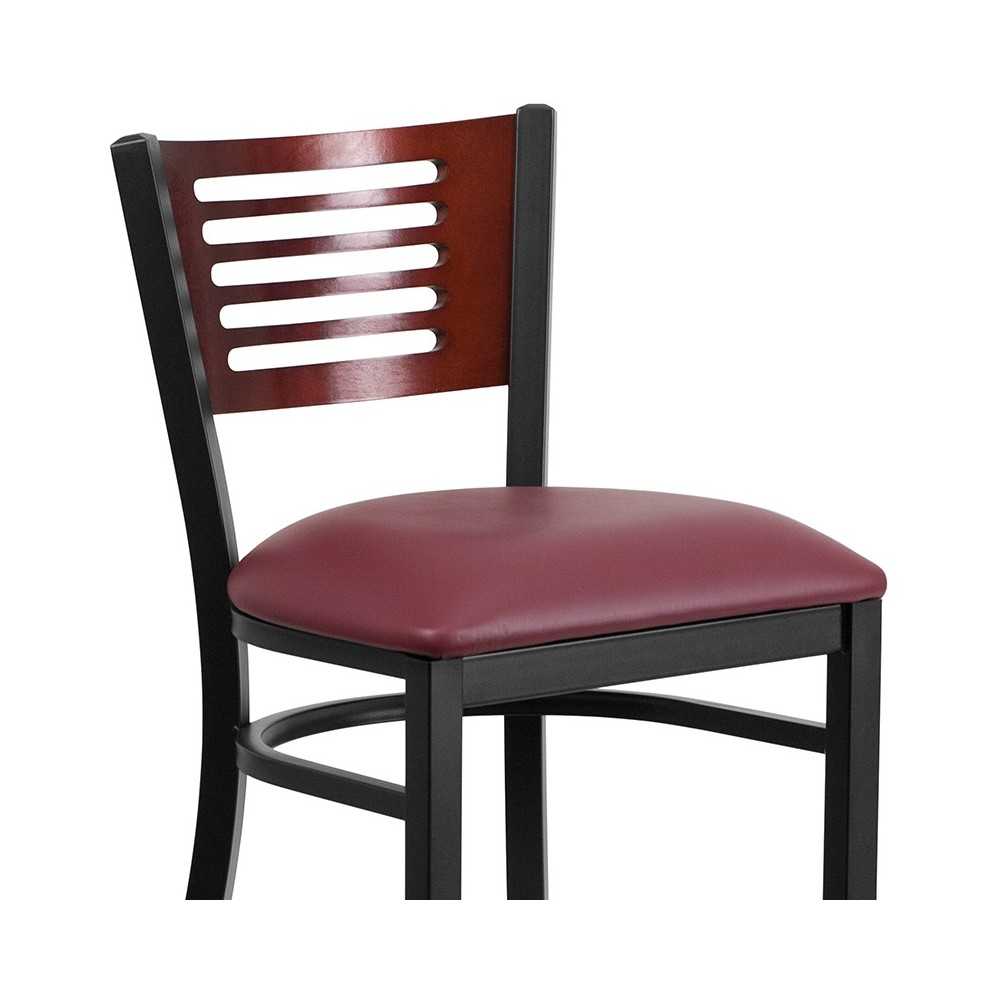 Black Slat Back Metal Restaurant Barstool - Mahogany Wood Back, Burgundy Vinyl Seat