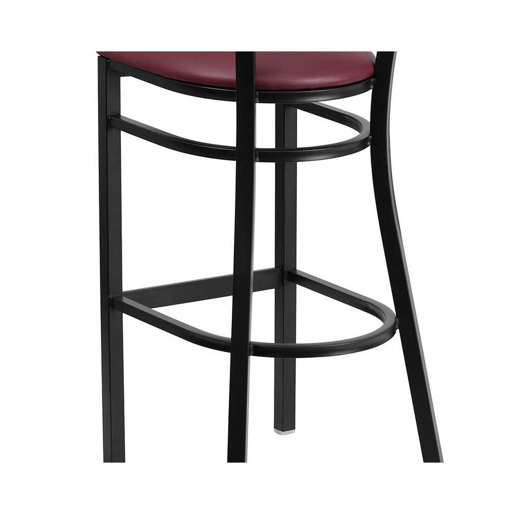Black Slat Back Metal Restaurant Barstool - Mahogany Wood Back, Burgundy Vinyl Seat