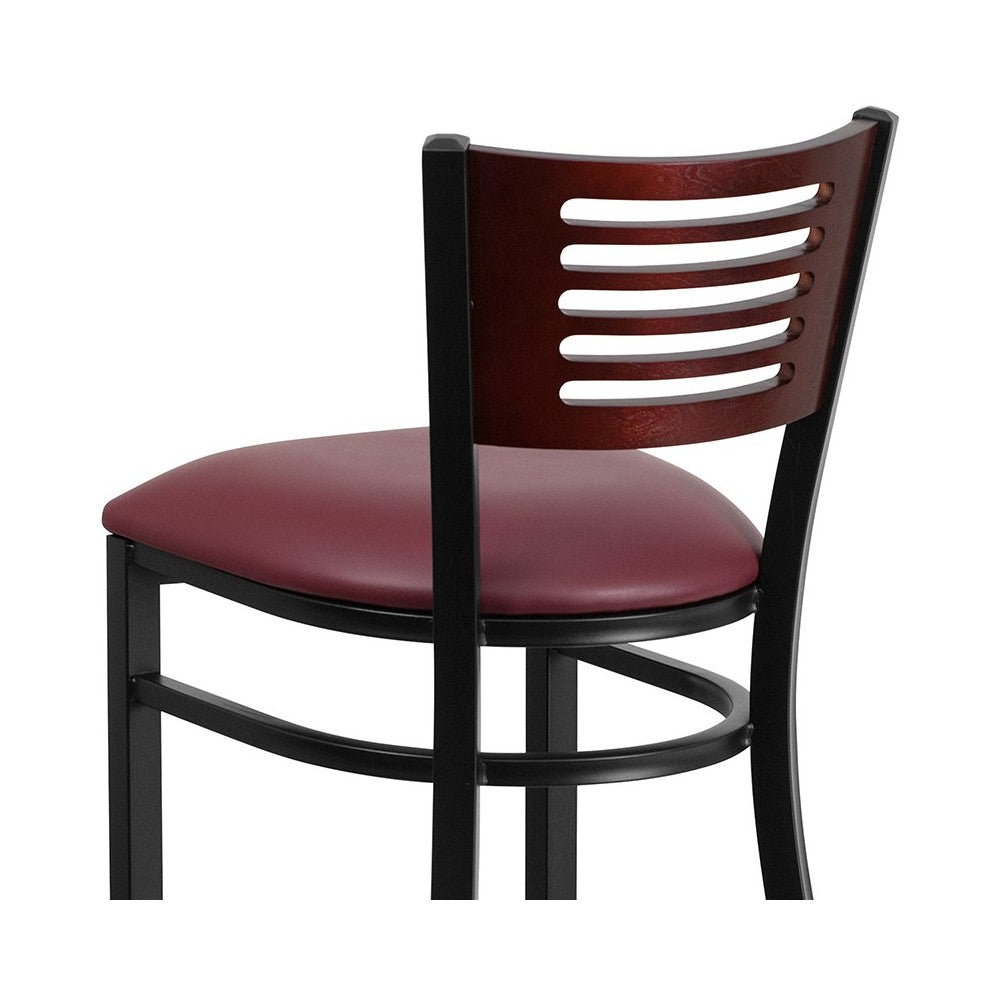 Black Slat Back Metal Restaurant Barstool - Mahogany Wood Back, Burgundy Vinyl Seat