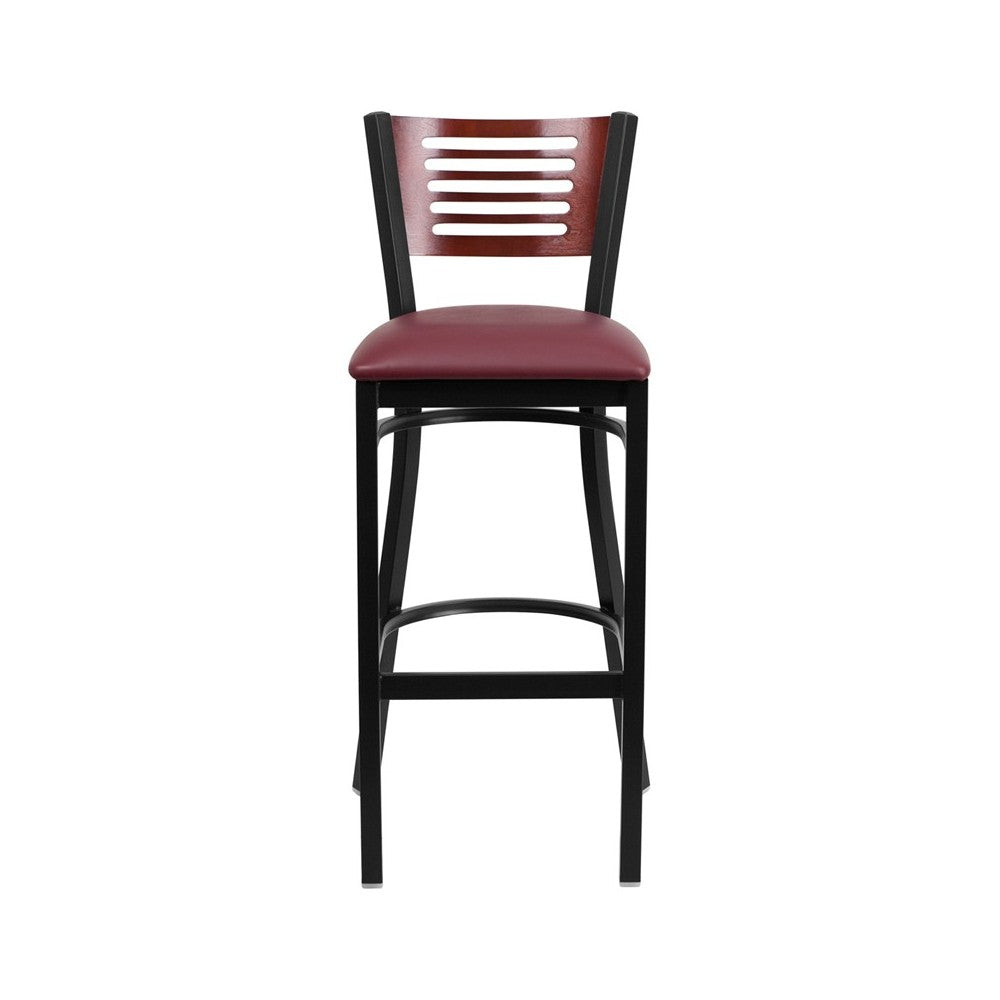 Black Slat Back Metal Restaurant Barstool - Mahogany Wood Back, Burgundy Vinyl Seat