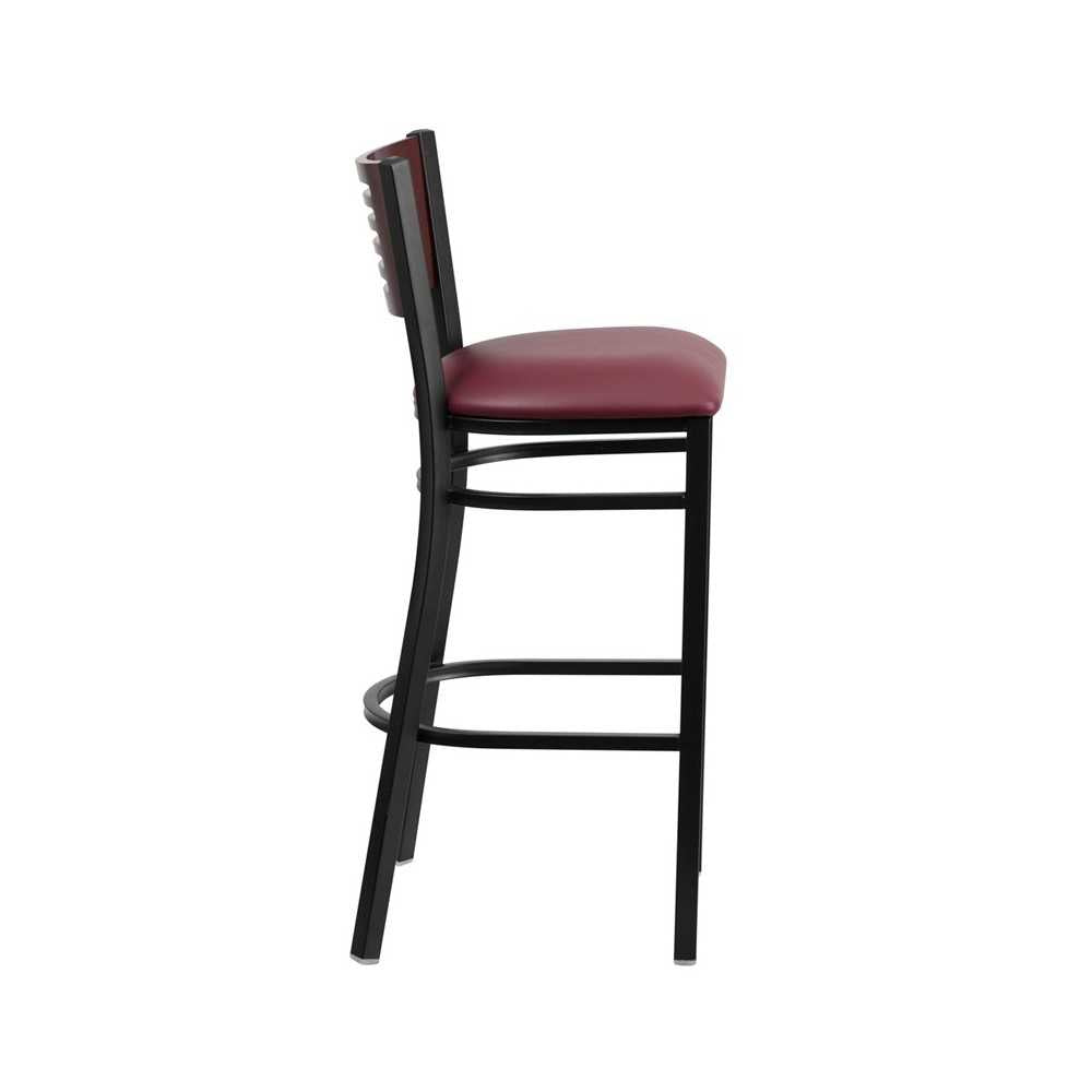 Black Slat Back Metal Restaurant Barstool - Mahogany Wood Back, Burgundy Vinyl Seat