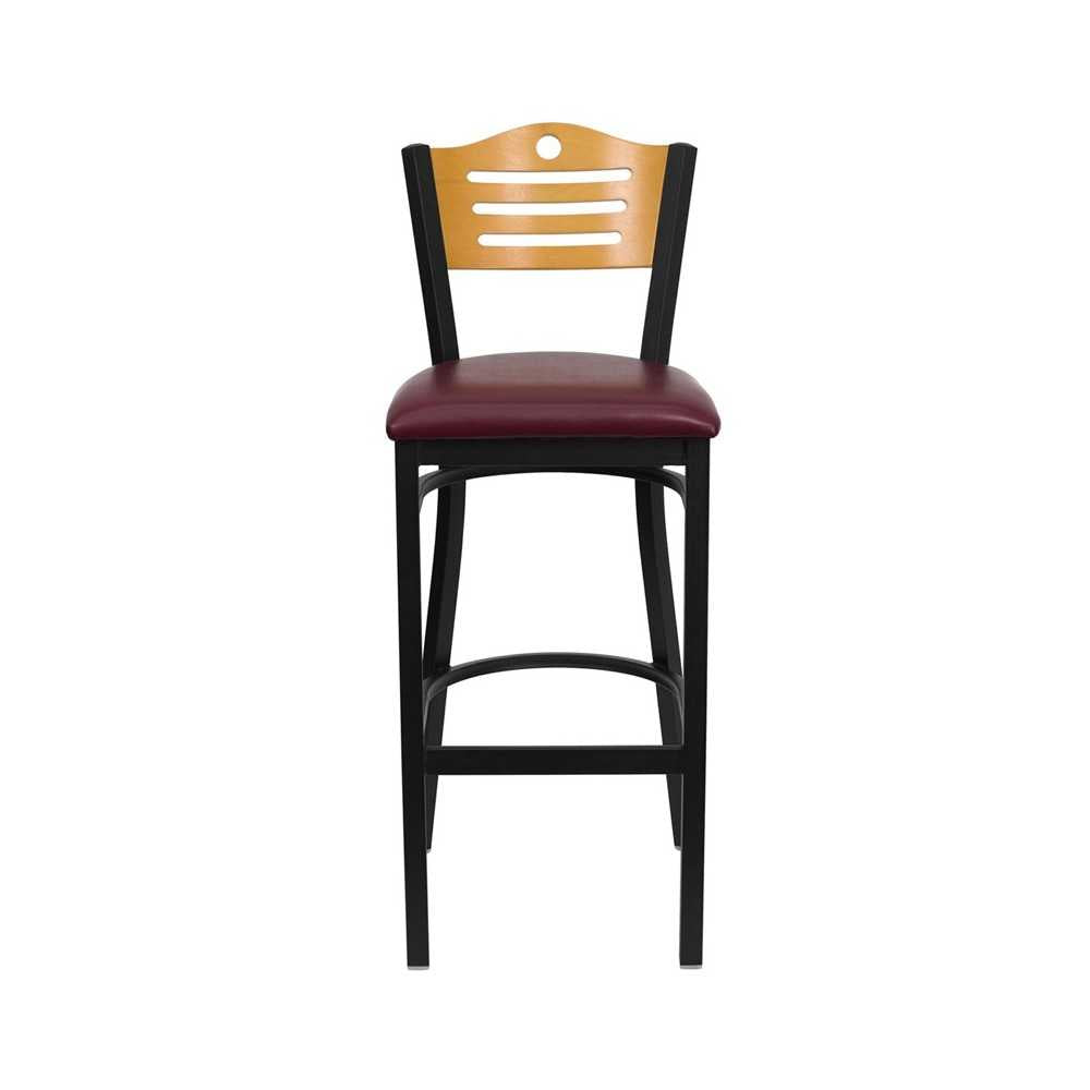 Black Slat Back Metal Restaurant Barstool - Natural Wood Back, Burgundy Vinyl Seat