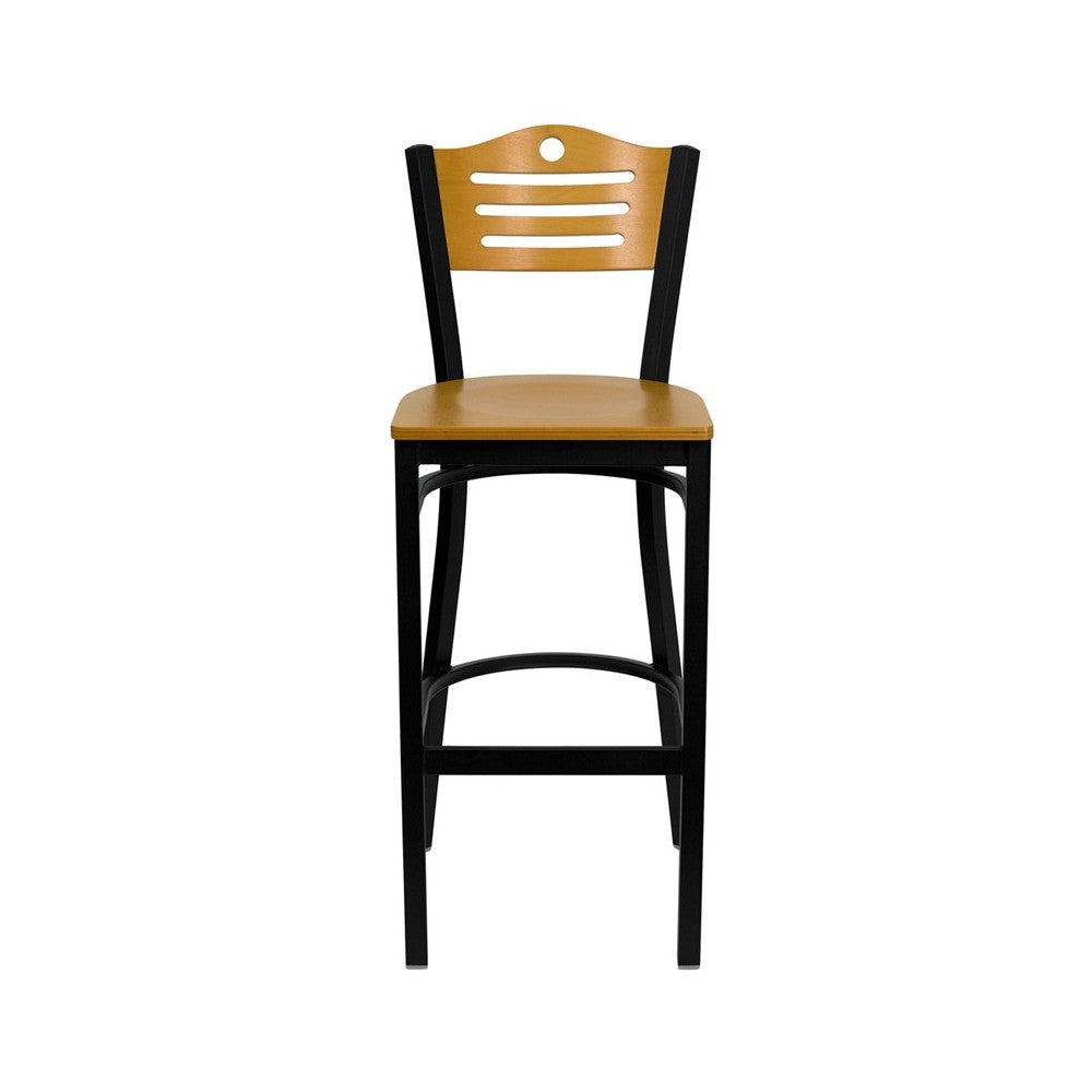 Black Slat Back Metal Restaurant Barstool - Natural Wood Back & Seat