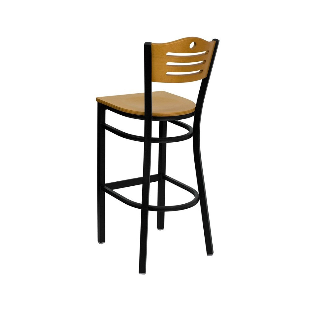Black Slat Back Metal Restaurant Barstool - Natural Wood Back & Seat