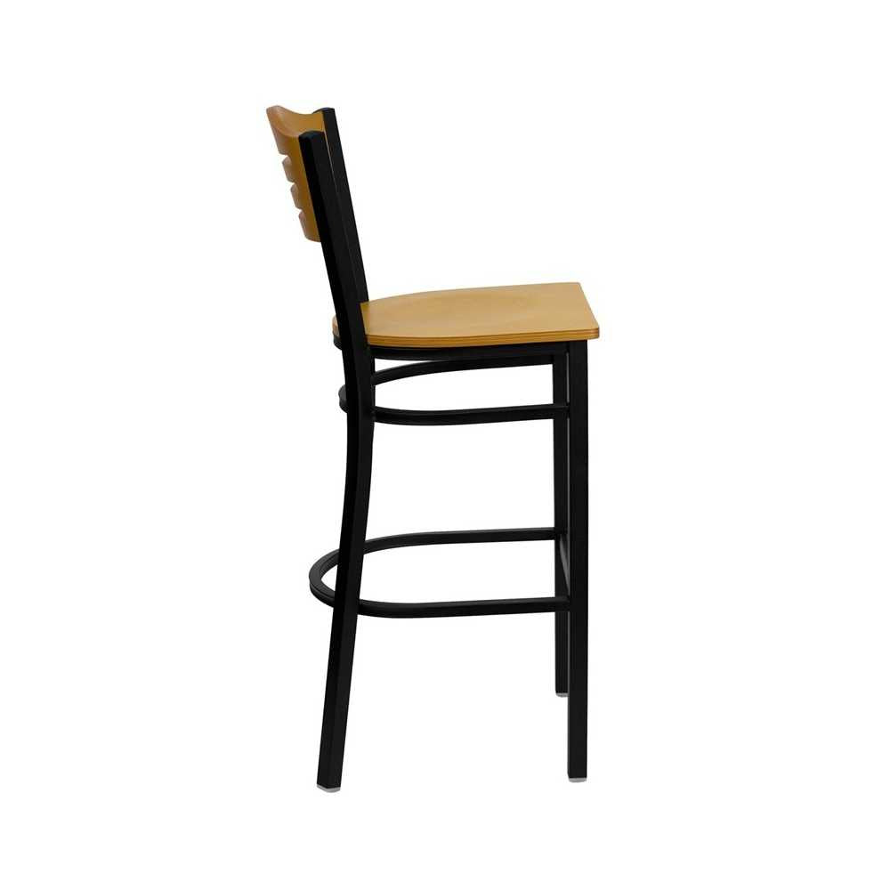 Black Slat Back Metal Restaurant Barstool - Natural Wood Back & Seat