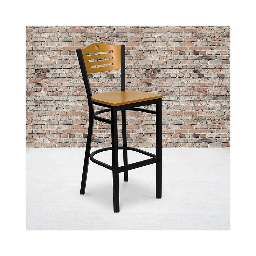 Black Slat Back Metal Restaurant Barstool - Natural Wood Back & Seat
