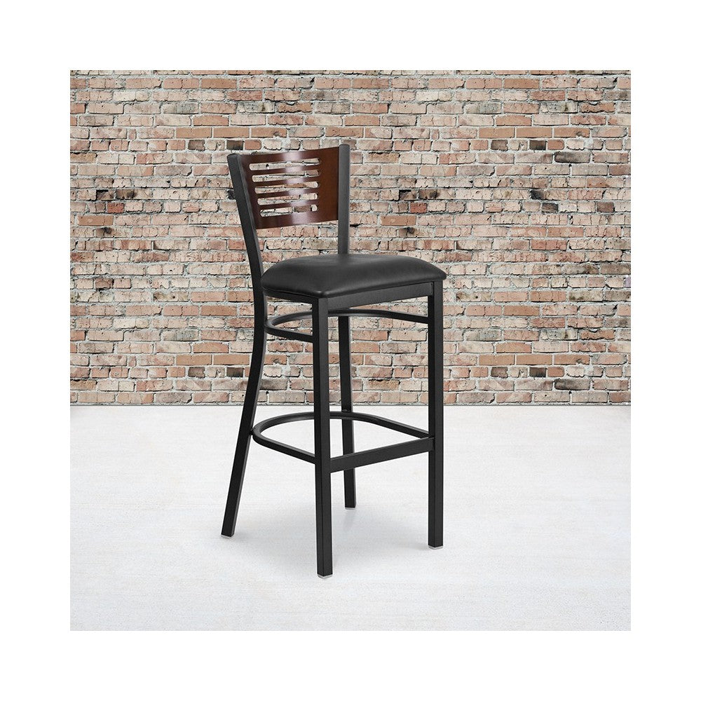 Black Slat Back Metal Restaurant Barstool - Walnut Wood Back, Black Vinyl Seat