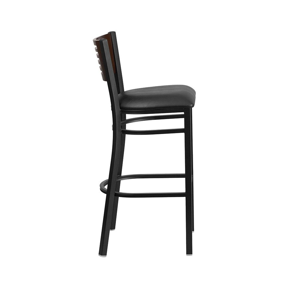 Black Slat Back Metal Restaurant Barstool - Walnut Wood Back, Black Vinyl Seat