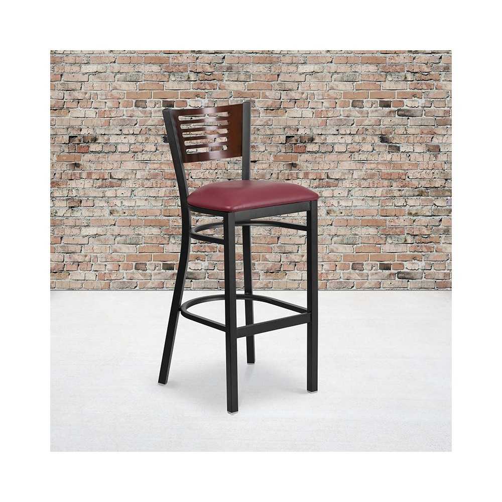 Black Slat Back Metal Restaurant Barstool - Walnut Wood Back, Burgundy Vinyl Seat