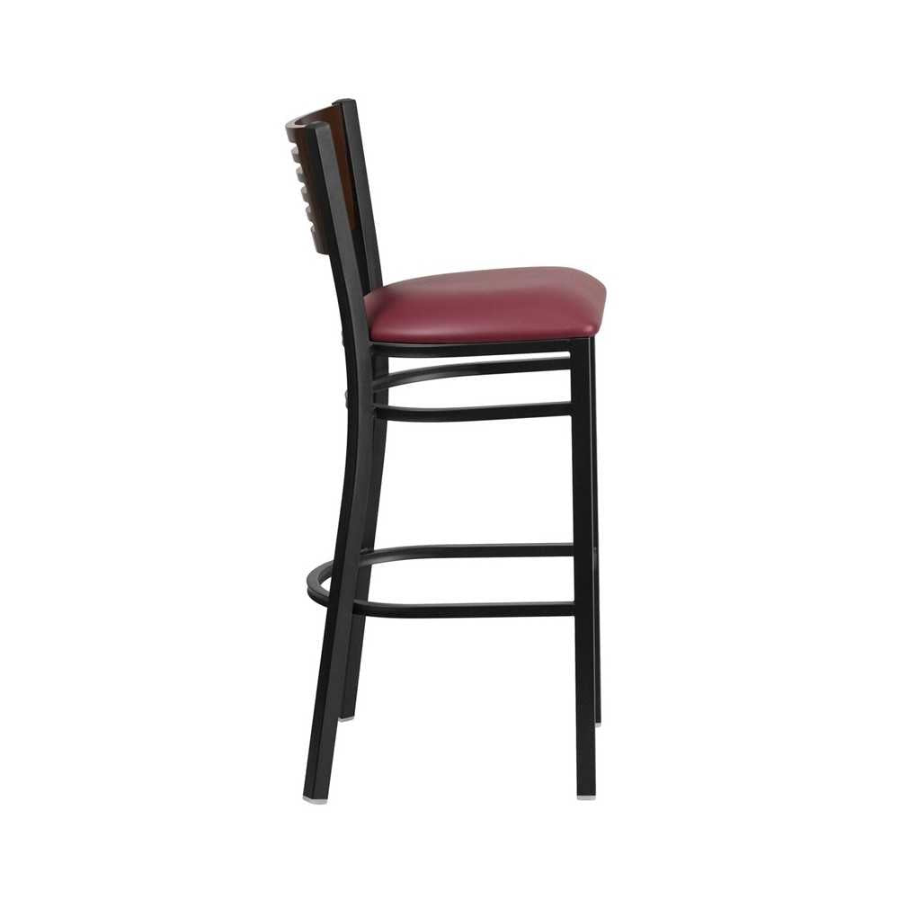 Black Slat Back Metal Restaurant Barstool - Walnut Wood Back, Burgundy Vinyl Seat