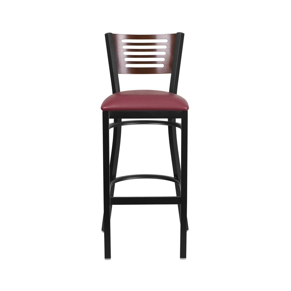 Black Slat Back Metal Restaurant Barstool - Walnut Wood Back, Burgundy Vinyl Seat