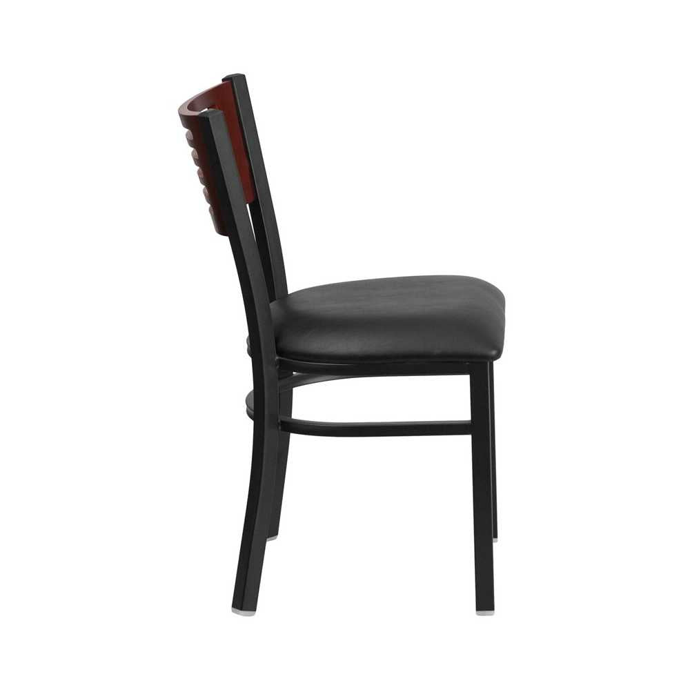 Black Slat Back Metal Restaurant Chair - Mahogany Wood Back, Black Vinyl Seat