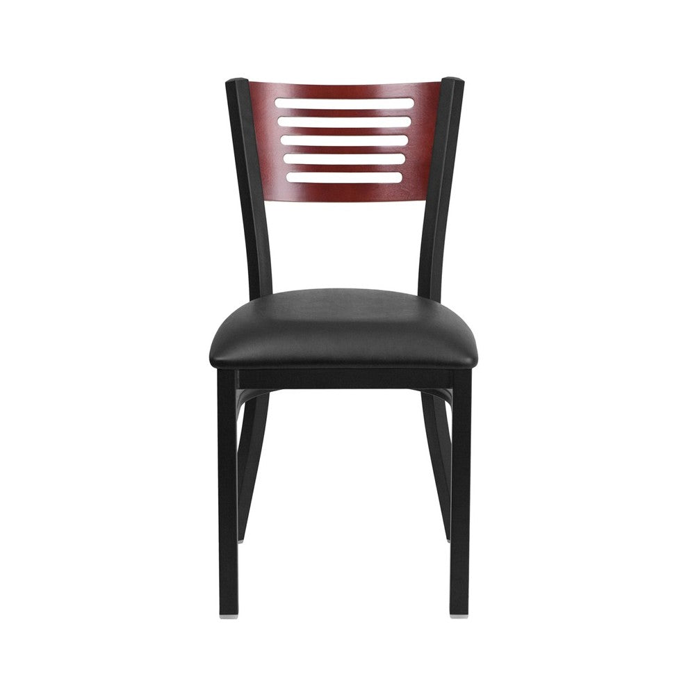 Black Slat Back Metal Restaurant Chair - Mahogany Wood Back, Black Vinyl Seat