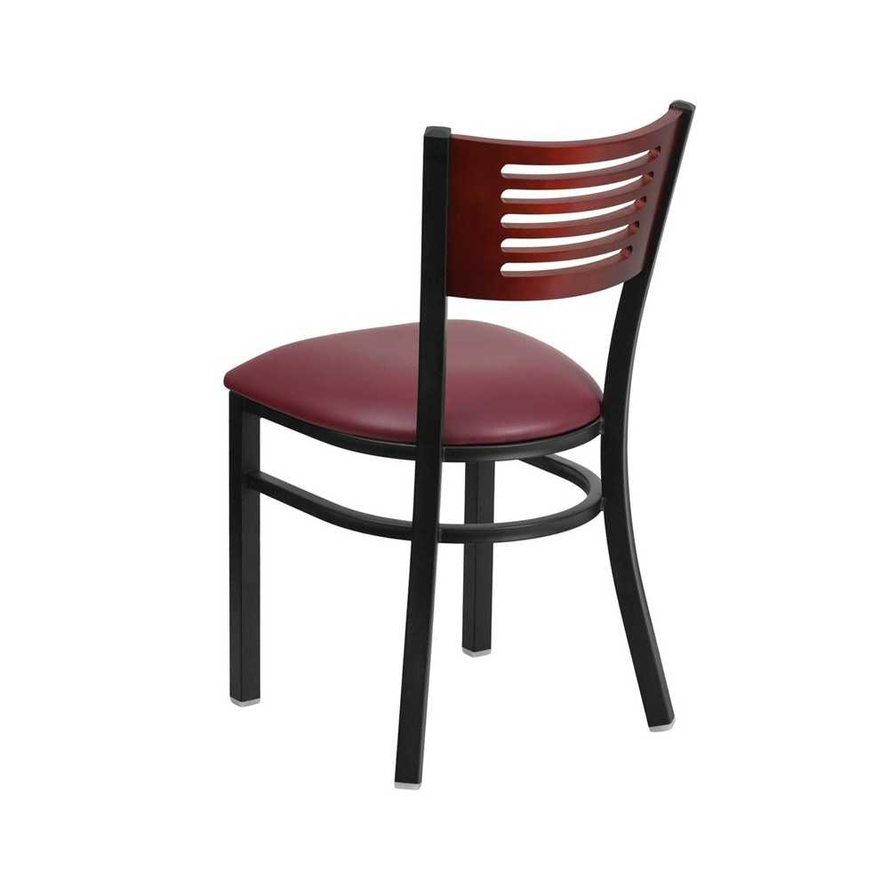 Black Slat Back Metal Restaurant Chair - Mahogany Wood Back, Burgundy Vinyl Seat