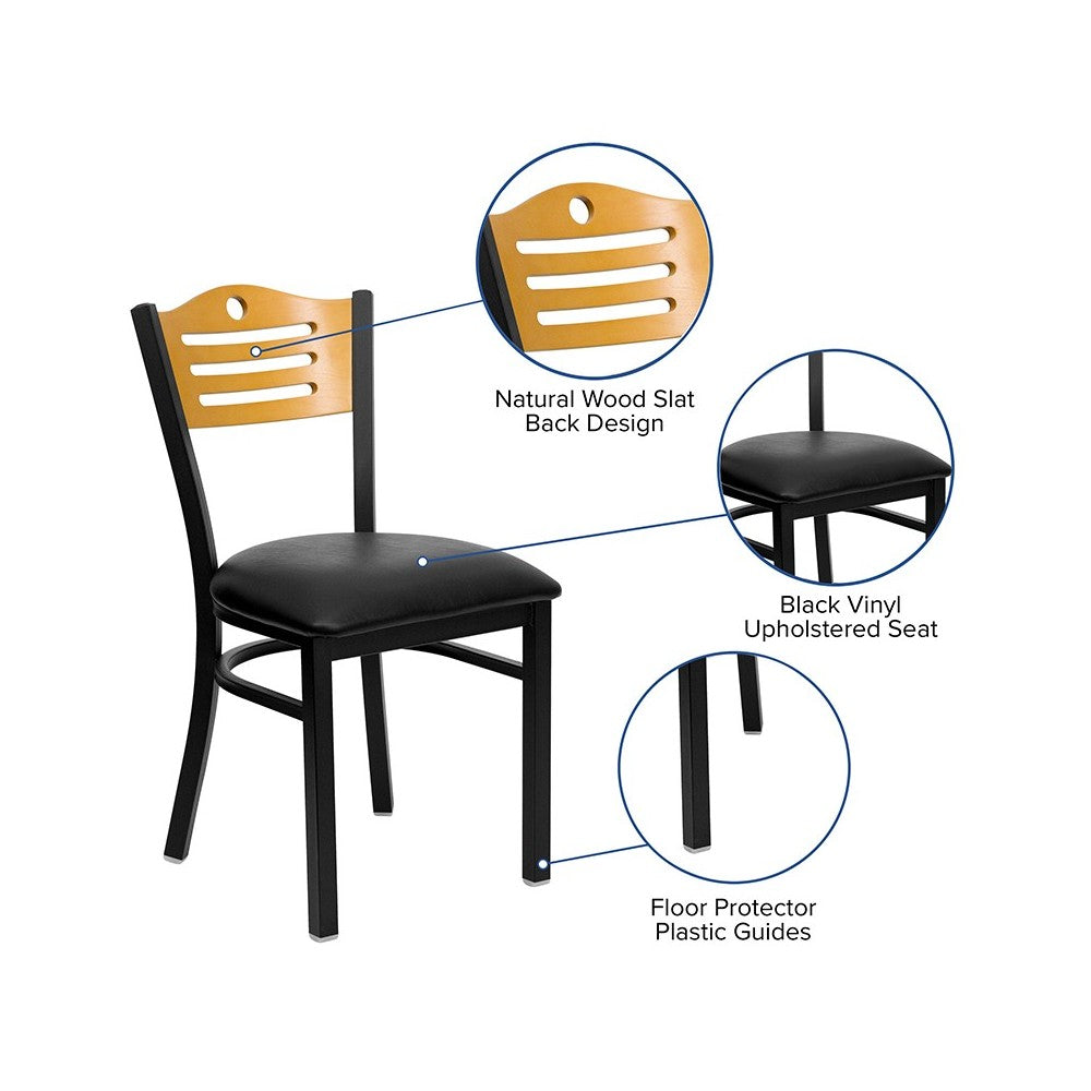 Black Slat Back Metal Restaurant Chair - Natural Wood Back, Black Vinyl Seat