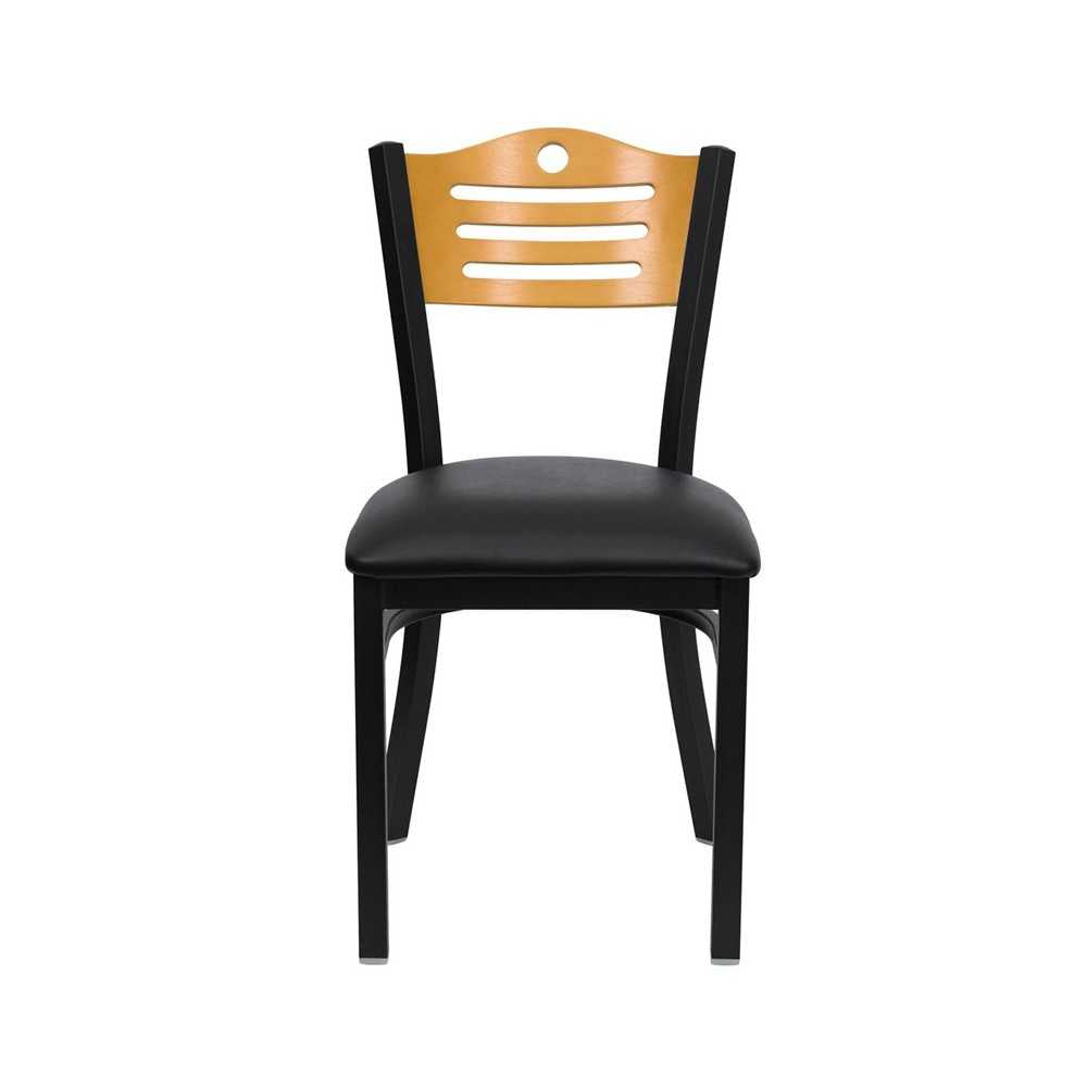 Black Slat Back Metal Restaurant Chair - Natural Wood Back, Black Vinyl Seat