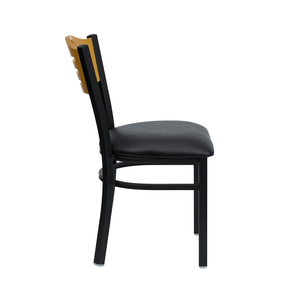 Black Slat Back Metal Restaurant Chair - Natural Wood Back, Black Vinyl Seat