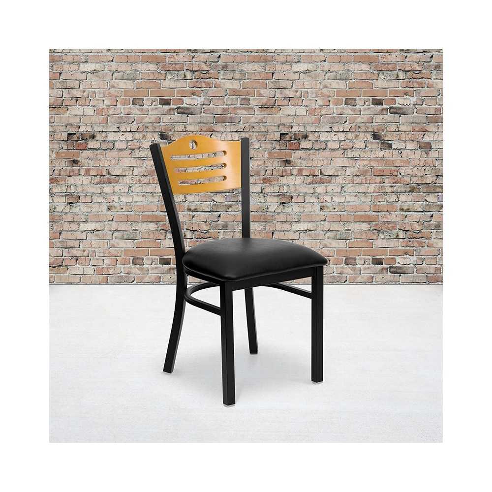 Black Slat Back Metal Restaurant Chair - Natural Wood Back, Black Vinyl Seat