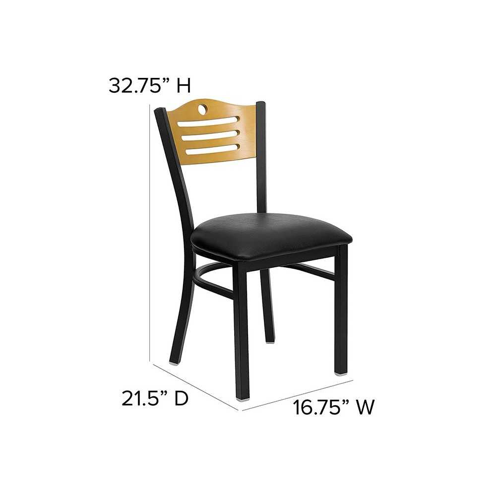 Black Slat Back Metal Restaurant Chair - Natural Wood Back, Black Vinyl Seat