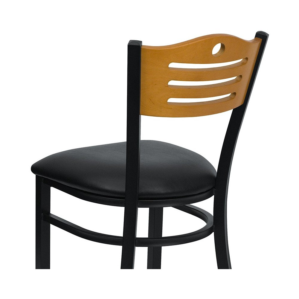 Black Slat Back Metal Restaurant Chair - Natural Wood Back, Black Vinyl Seat
